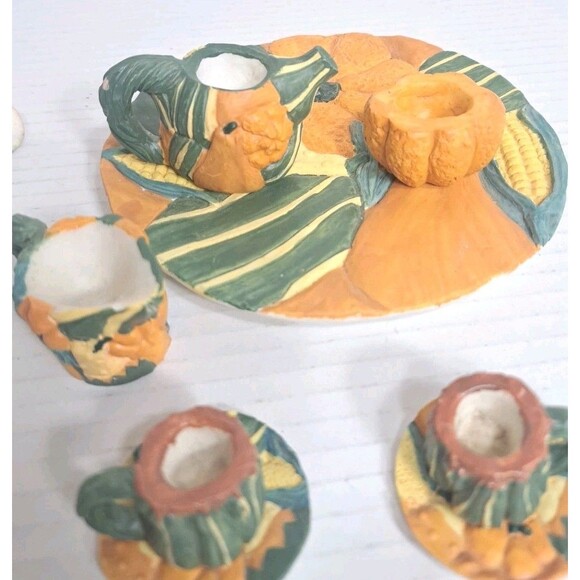 Young’s Inc Mini Pumpkin Tea Set Fall Ceramic Cups Teapot Plate Cream Sugar Jar - Picture 4 of 6
